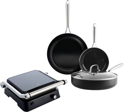 BK Magma Pannenset 2-delig met Contactgrill - 20/28cm - PFAS-vrije antikleeflaag - Pannenset inductie - Keramische pan - Ovenbestendig tot 250° - Met glazen deksel - Zwart