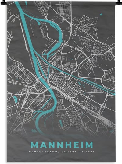Wandkleed - Wanddoek - Duitsland – Blauw – Mannheim – Stadskaart – Kaart – Plattegrond - 120x180 cm - Wandtapijt