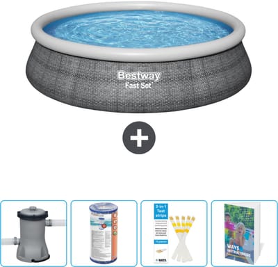 Bestway Rond Opblaasbaar Fast Set Zwembad - Rotanprint - 457 x 84 cm - Inclusief Pomp Filter - Testrips - Zwembadgids