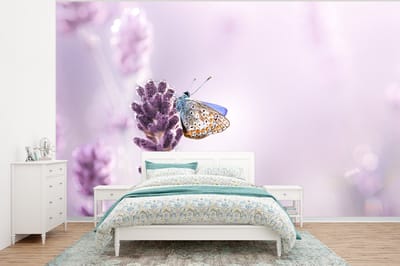 Behang - Fotobehang Lavendel - Vlinder - Close-up - Paars - Breedte 400 cm x hoogte 300 cm