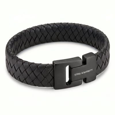 STEEL & BARNETT ® - Leren armband - heren - Brede gevlochten zwarte leren herenarmband - herenarmband - 18.5 CM