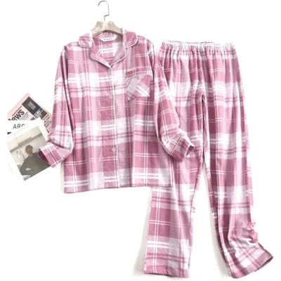 Katoen Flanel Lange Broek Pyjama voor Dames Nachtkleding Ruit Nachtkleding Vrouwelijk Lange Mouw Broek Pijama Pakken Pjs met Zakken S white