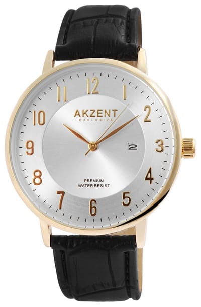 Akzent-Heren horloge-Datumaanduiding-Analoog-Rond-42MM-Goudkleurig-Zwart lederen band.