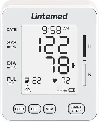 Lintemed T-P30 klinisch gevalideerde bloeddrukmeter, 3,5-inch LCD-scherm, met indicator voor hoge bloeddruk en onregelmatige hartslag, met medium manchet (22-32cm)