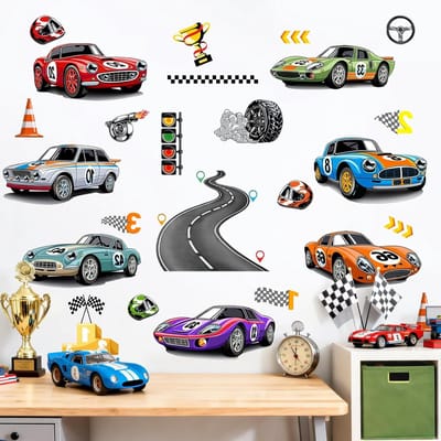 Racende Auto Muurstickers voor Jongens - Verwijderbare Vinyl Wanddecoratie voor Kinderkamer, Speelkamer en Peuters met Weegvoertuigen en Cadeau Ideeën