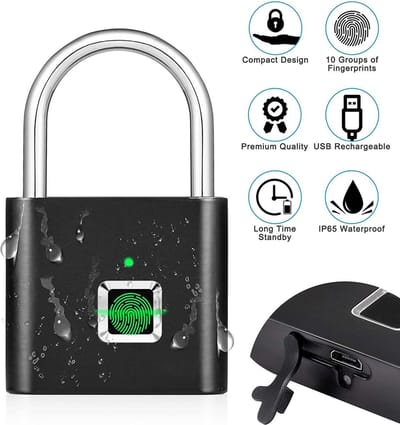 Vingerafdruk hangslot | Batterijduur tot 1 jaar | Oplaadbaar | Zwart Slot