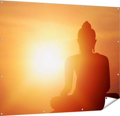 Gards Tuinposter Silhouet van een Boeddha Beeld met Zonsondergang - 150x120 cm - Tuindoek - Tuindecoratie - Wanddecoratie buiten - Tuinschilderij