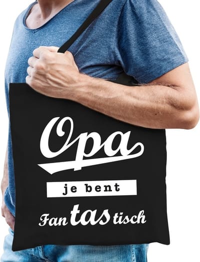Cadeau tas zwart katoen met de tekst Opa je bent fantastisch - kadotasje voor opa - vaderdag - verjaardag