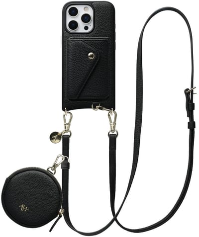 AVY Leren Hoesje geschikt voor Apple iPhone 16 Pro | Met Koord, Wallet en Pouch | Compatibel met MagSafe | Leather Case met 130CM Koord | Long Leather | Zwart