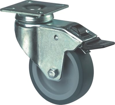 Kelfort ZWENKWIEL RUBBER GEG. VELG 100MM GRIJS BEVESTIGINGSPLAAT + GLIJLAGER + REM