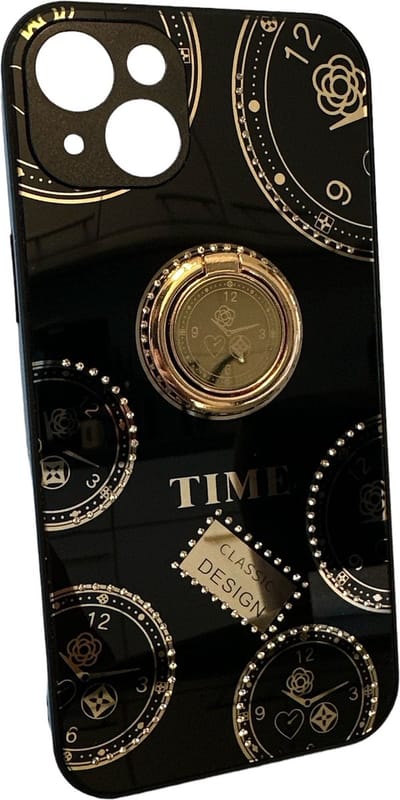 Schattig Klokontwerp met steentjes - Achterkant Hoesje Geschikt voor: iPhone 15 Plus - Vrouwelijk Ringhoesje - Zwart