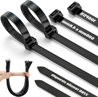 Duurzame Zwarte Kabelbinders 600mm x 4.8mm voor Kabelbeheer, Herbruikbaar, UV-bestendig, Geschikt voor Werkplaats en Tuinwerk met een Treksterkte van 22kg