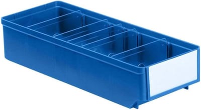 Stellingbak,magazijnbak, materiaalbak, onderdelenbak met de afmeting van 40 x 15,2 x 8,3 cm (LxBxH) verpakt per 15 stuks.
