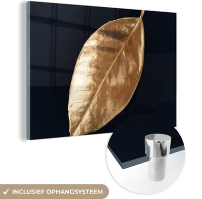 MuchoWow® Glasschilderij 150x100 cm - Schilderij acrylglas - Bladeren - Black en gold - Luxe - Natuur - Planten - Foto op glas - Schilderijen