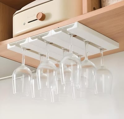 BlueTime® Wijnglazenhouder Hangend - 2x3 Rijen Ophangrek voor 6 Wijnglazen - 25×11cm Wijnglas Houder - Wijn Rek Muur - Glazen, Flessen & Bar Accessoires - Wit