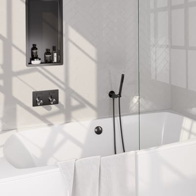 Brauer Gunmetal Edition thermostatische inbouw badkraan met drukknoppen SET 03 met badvulcombinatie en staaf handdouche en doucheslang en wandaansluitbocht gunmetal geborsteld PVD