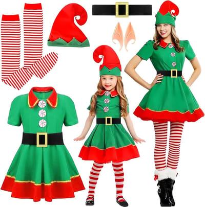 Feestelijke Kerstkostuumset voor Meisjes, Inclusief Gnome Outfit, Hoed, Riem, Sokken en Elforen voor een Magische Kerstviering