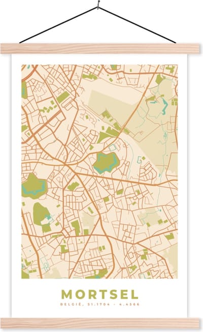 Posterhanger incl. Poster 40x60 cm - Schoolplaat - Vintage - Retro - Plattegrond - Kaart - Stadskaart - Mortsel - Textielposter - Blanke latten - Stadskaart