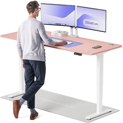 Desktronic HomePro Zit-sta Bureau Elektrisch In Hoogte Verstelbaar, 200x80 cm Wit/Roze, Stille Dubbele Motor, Hoogte 62-126cm