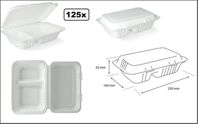 125x Smal Menubox 2-vaks suikerriet BIO wit - kleine maaltijden - Menu food maaltijd festival thema feest party