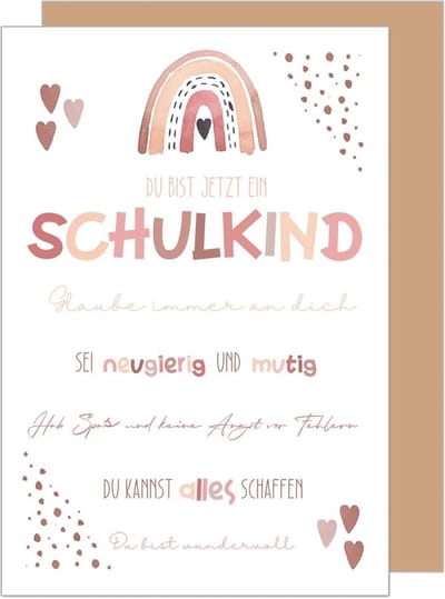 Eerste schooldag kaart - Groet schoolkind - Motiverende wens - Dubbele vouwkaart - 11.5 x 17 cm - Roze