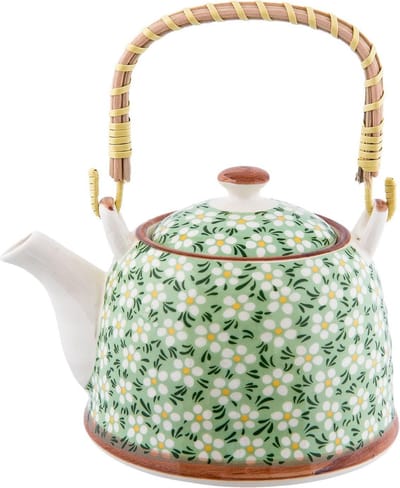 Clayre & Eef Theepot met Filter 700 ml Groen Keramiek Bloemen