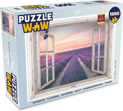Puzzel Doorkijk - Lavendel - Bloemen - Hout - Zonsondergang - Paars - Legpuzzel - Puzzel 1000 stukjes volwassenen