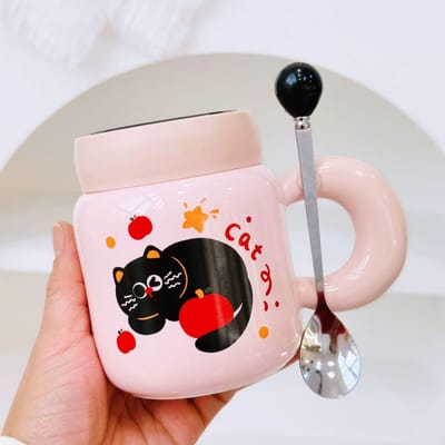 Tasse Chat Pomme avec Couvercle Mignon Tasse Céramique Haute Valeur Résistance Haute Température Cadeau Souvenir Cadeau d'Anniversaire Dessin Animé 320ML