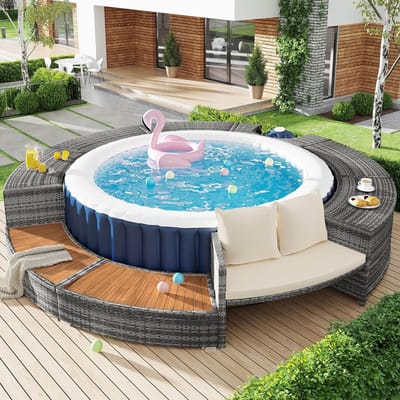 AquaLounge Ronde Whirlpool Loungeset met Opbergruimte en Kussens Ø283 cm Buitenmaat / Ø203 cm Binnenmaat – Luxe Tuinmeubelset voor Spa, Zwembad en Terras