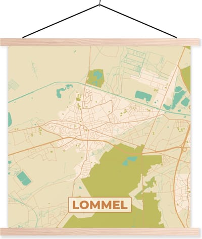 Posterhanger incl. Poster 40x40 cm - Schoolplaat - Plattegrond - Stadskaart - Vintage - Lommel - Kaart - Textielposter - Blanke latten - Stadskaart