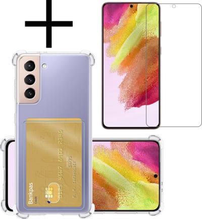 Hoesje - Geschikt voor Samsung Galaxy S21 FE - Met Screenprotector - En Pashouder - En Kaarthouder - Telefoon Hoes Shockproof - Siliconen Case - Back Cover - Shock Proof - Pasjes Houder - Transparant