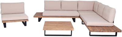 Tuinset met fauteuil MCW-H54, loungeset met bank, gesponnen polyacaciahout, MVG-aluminium ~ lichtbruin, bekleding beige