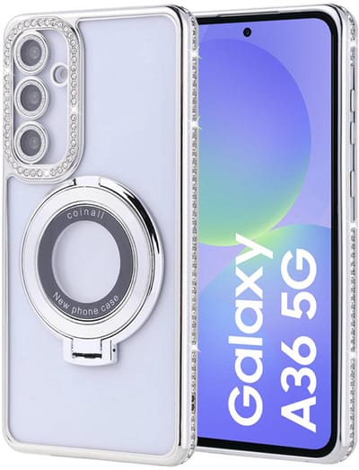 Hoesje met ringhouder geschikt voor samsung galaxy A36 met diamant glitters - Arara backcover - Zilver