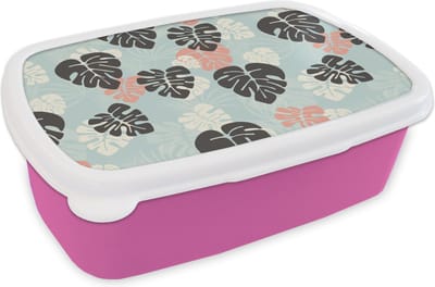 Broodtrommel Roze - Lunchbox - Brooddoos - Bladeren - Monstera - Hawaii - Patronen - 18x12x6 cm - Kinderen - Meisje