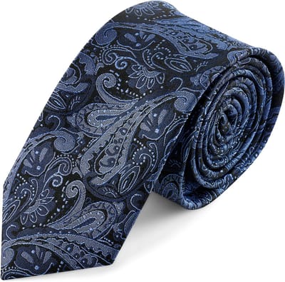 Zijden stropdas met marineblauw en lichtblauw paisleymotief | 6 cm