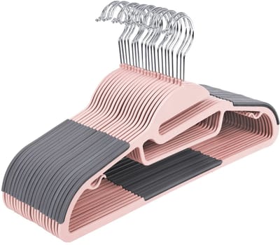 Plastic kleerhanger, set van 20, kleerhanger met U-vormige opening, antislip, ruimtebesparend, 0,5 cm dik, 41,5 cm breed, 360° draaibare haak, roze-donkergrijs CRP041P01