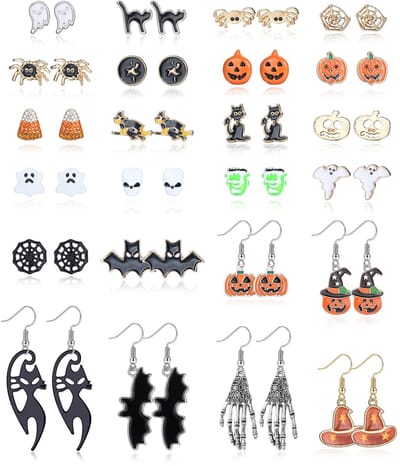 Dailygoods- Oorbellen Halloween set 24 paar - Klinknagel/val oorbellen - Schedel/spin/pompoen - Hypoallergeen - Duurzaam - Perfect voor feestjes - Sieraden