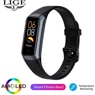 Lige Nieuwe Smart Wristband Sport Fitness Tracker Smartwatch AMOLED Scherm Waterdicht Lichaamstemperatuur Smart Armband Voor Vrouwen Mannen silicone strap zwart