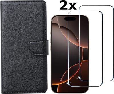 Hoesje Geschikt voor iPhone 16 Pro Max hoesje bookcase met 2 stuks screenprotectors – Zwart