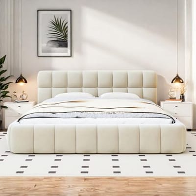 Gestoffeerd tweepersoonsbed 140x190cm met lattenbodem en zachte rugleuning
