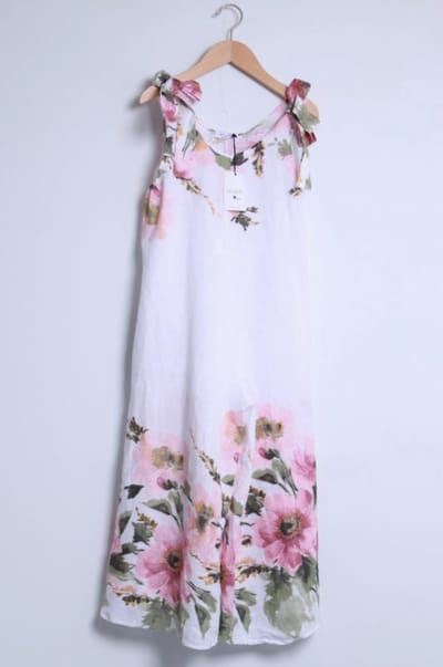 100% Linnen jumpsuit met geknoopte schouders en bloemenprint - v-hals - zijzakken WIT - maat M/L