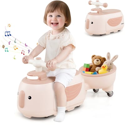COSTWAY Glijauto met aanhanger, glijvoertuig met licht, muziek en opbergruimte onder de stoel, glijvoertuig voor binnen en buiten, voor kinderen vanaf 1 jaar (koffie)
