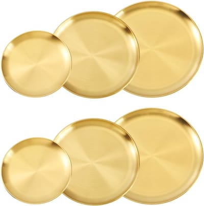6 Stuks Gouden Roestvrij Stalen Plaat Set, Ronde Metalen Sieraden Organizer voor Ringen, Kettingen en Oorbellen, Stapelbare Opbergbakken 20,4 x 26,2 x 30,3 cm