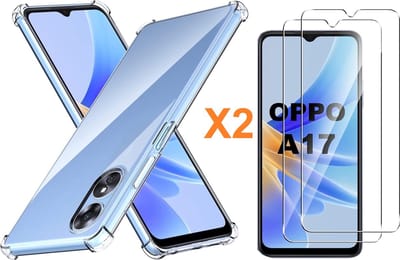Hoesje Geschikt voor Oppo A17 Hoesje transparant Anti Shock silicone hoesje - Hoesje Geschikt voor Oppo A17 hoesje silicone Backcover hoesje - Hoesje Geschikt voor Oppo A17 Screenprotector Glazen 2 pack