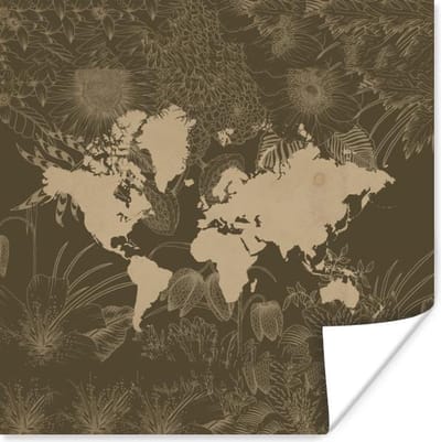 Poster 30x30 cm - Wereldkaart - Planten - Bruin - Posters - Kamer decoratie - Wanddecoratie woonkamer - Muurdecoratie slaapkamer