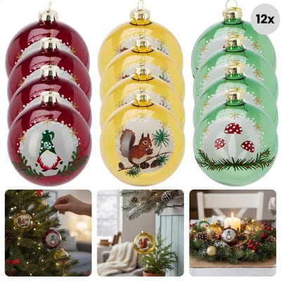 Cheqo® Glazen Kerstballen - Set Van 12 - Glanzend Kerstballen - Traditionele Kerstballen - Rode Kerstballen - Gele Kerstballen - Groene Kerstballen - Kerstboomversiering - Kerstdecoratie - Glazen Ornamenten - Kerstbal Set