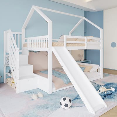 MEUNIQ Stapelbed 140x200 cm met glijbaan, opbergtrap, huisbed ontwerp en uitvalbeveiliging, kinderbed voor de kinderkamer, wit, zonder matras