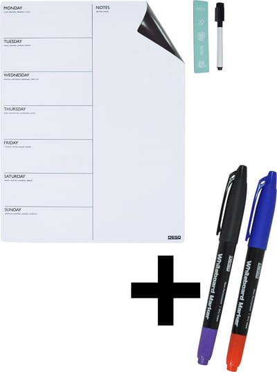 DESQ® Weekplanner - 40 x 30 cm - A3 + 2 stiften| 5 magneten| Whiteboard marker | Magnetisch | Droog uitwisbaar | Nederlands