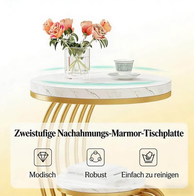 Bijzettafel - Rond 2-Laags Design Met Opbergrek - Voor Woonkamer Hal En Slaapkamer - Marmerlook En Metaal - 50x50x63 Cm - Goud Wit