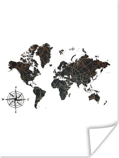 Poster Wereldkaart - Zwart - Abstract - 120x160 cm XXL